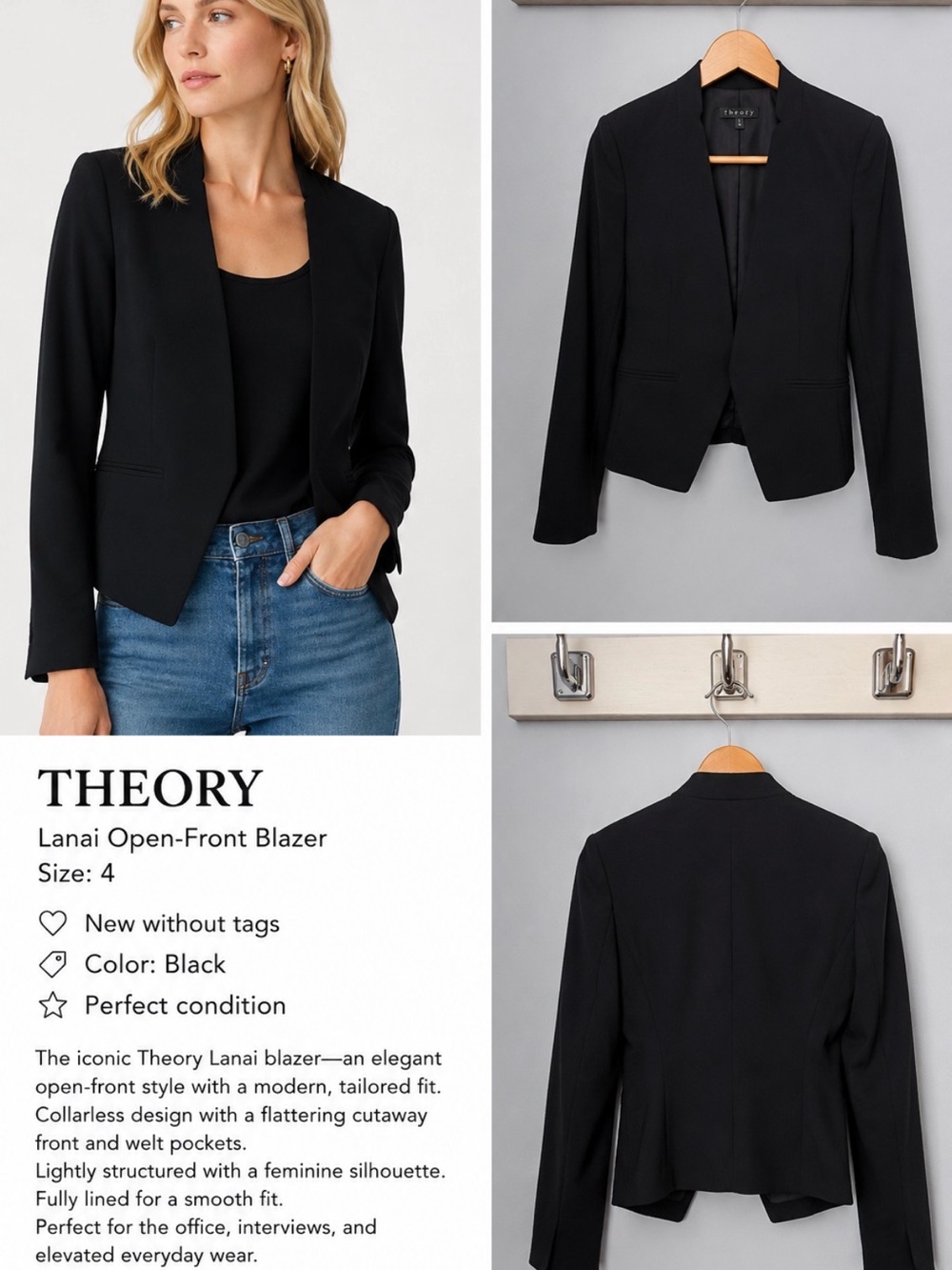 Theory Lanai Open-Front Blazer, Black, Size 4, NWOT